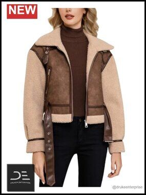 Faux Leather Jacket Patchwork Faux Fur Sherpa Lined Aviator Coat